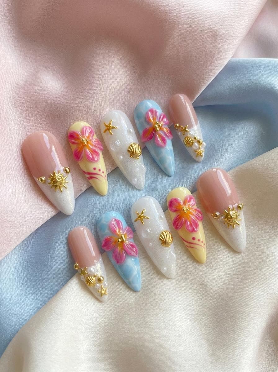 Tropical Hibiscus Press On Nails With Marbled Blue, Shells and Gold Starfish Details