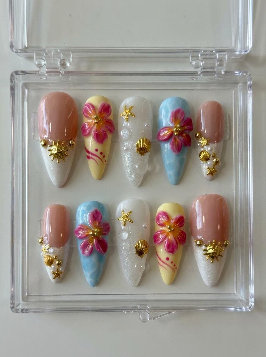 Tropical Hibiscus Press On Nails With Marbled Blue, Shells and Gold Starfish Details
