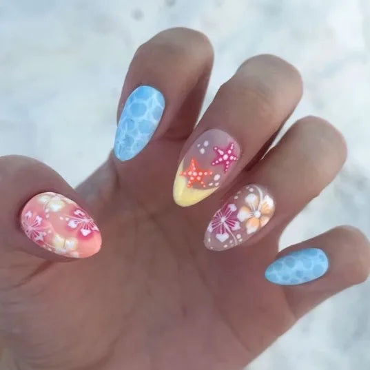 Tropical Hibiscus Wave Press On Nails with Pink and Orange Starfish