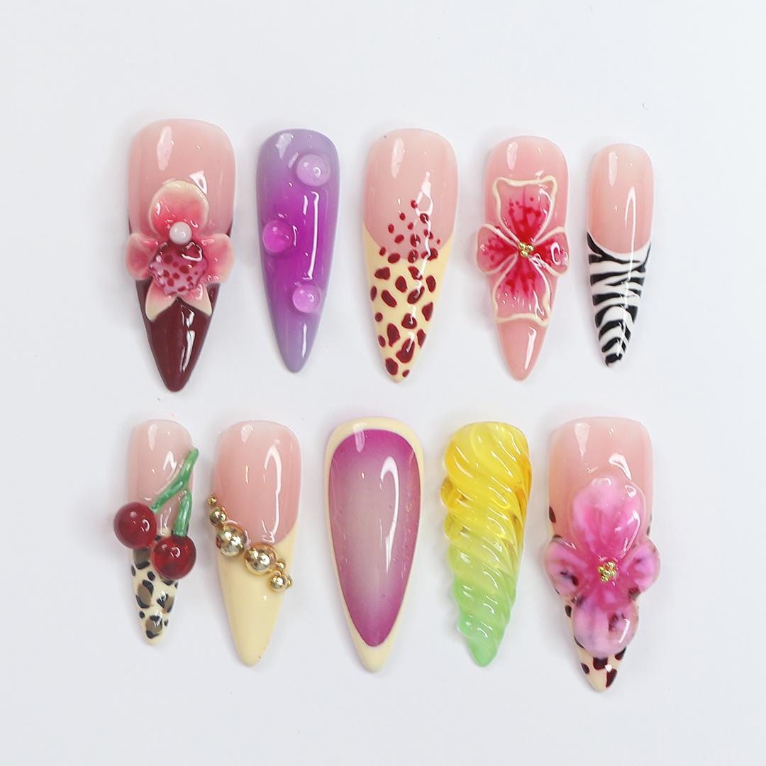 Tropical Leopard, Zebra, Floral and Cherry Press-On Nail Set