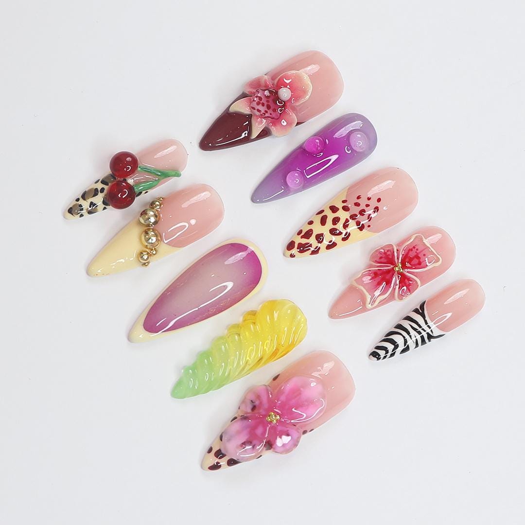 Tropical Leopard, Zebra, Floral and Cherry Press-On Nail Set