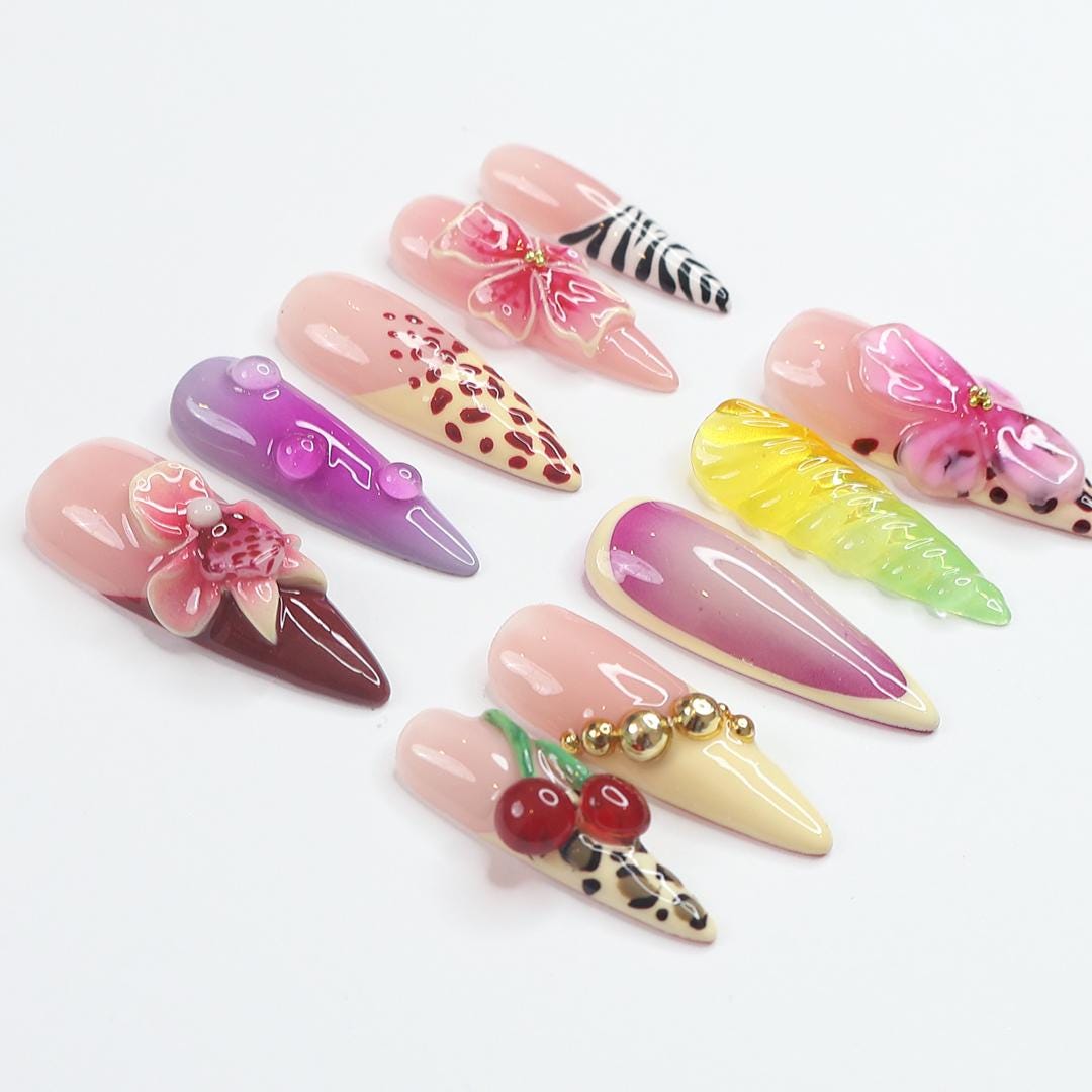 Tropical Leopard, Zebra, Floral and Cherry Press-On Nail Set