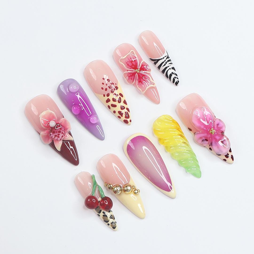 Tropical Leopard, Zebra, Floral and Cherry Press-On Nail Set