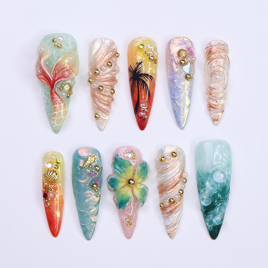 Tropical Mermaid and Palm Tree Ocean Nail Set