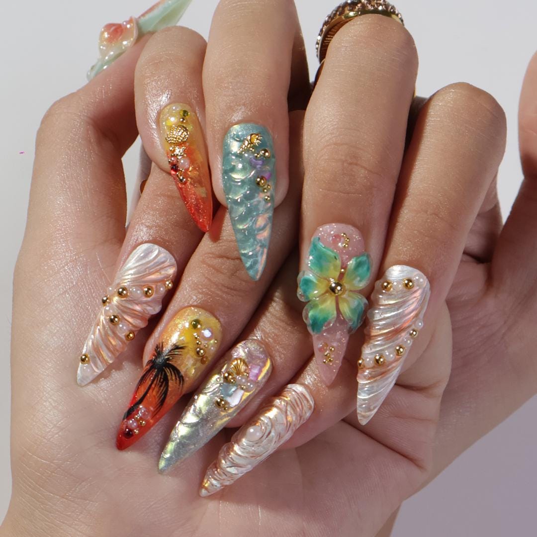 Tropical Mermaid and Palm Tree Ocean Nail Set