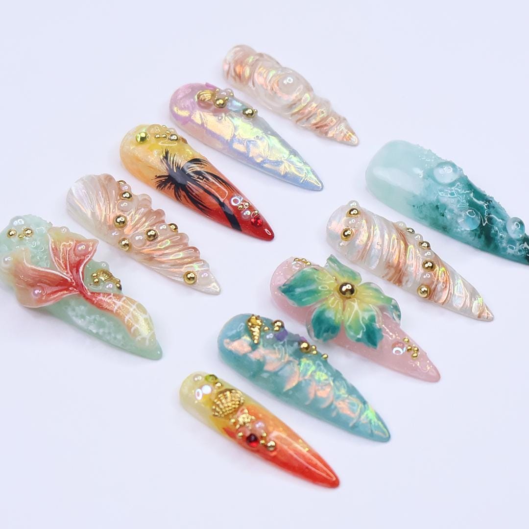 Tropical Mermaid and Palm Tree Ocean Nail Set