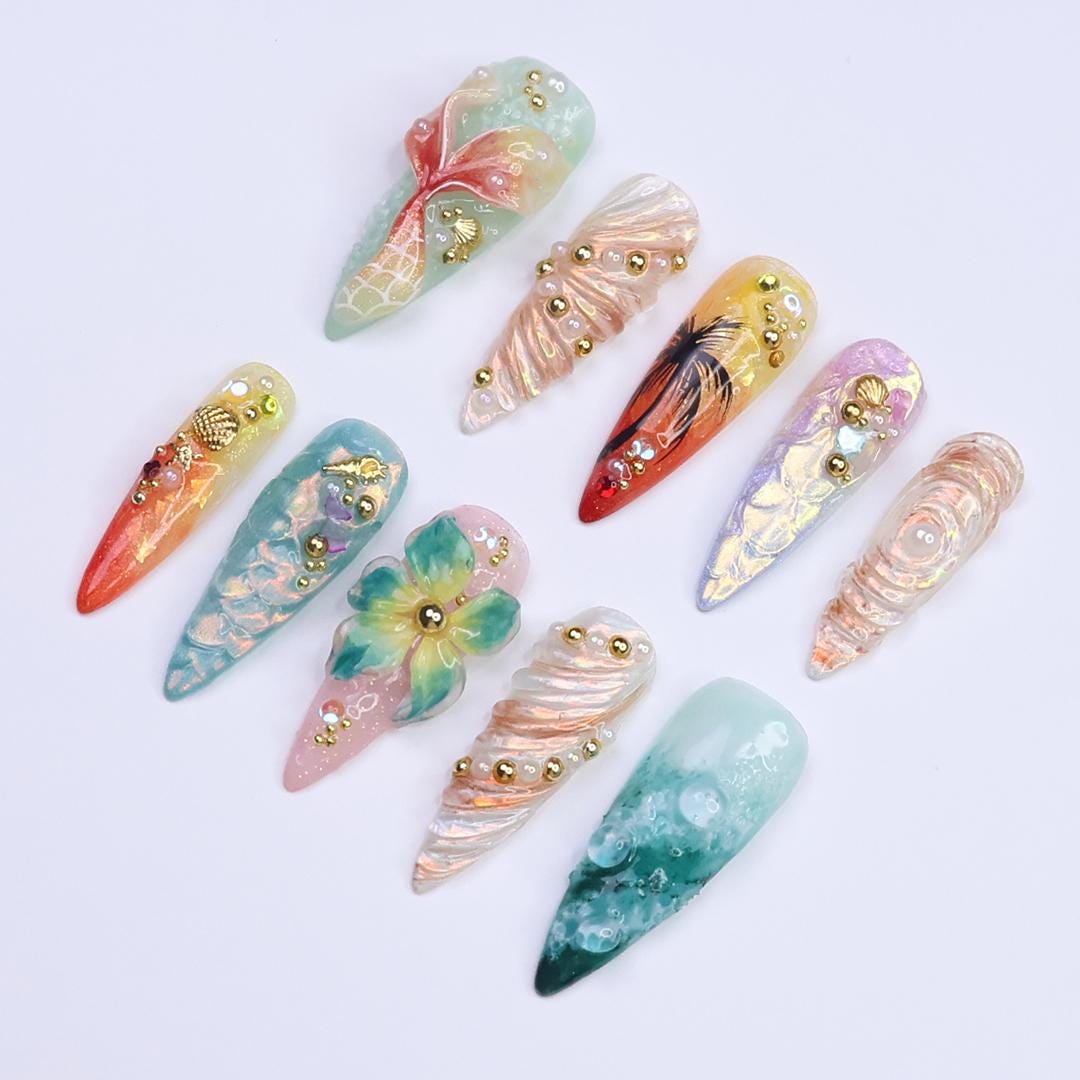Tropical Mermaid and Palm Tree Ocean Nail Set