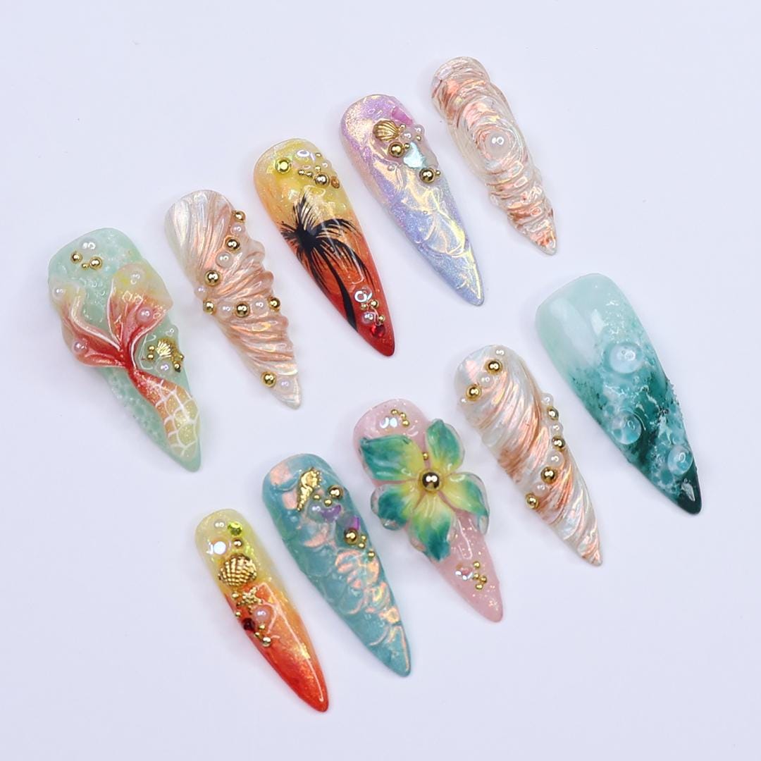 Tropical Mermaid and Palm Tree Ocean Nail Set