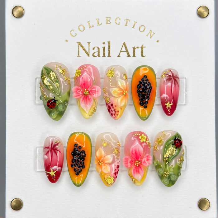 Tropical Papaya, Floral and Ladybug Press On Nail Set