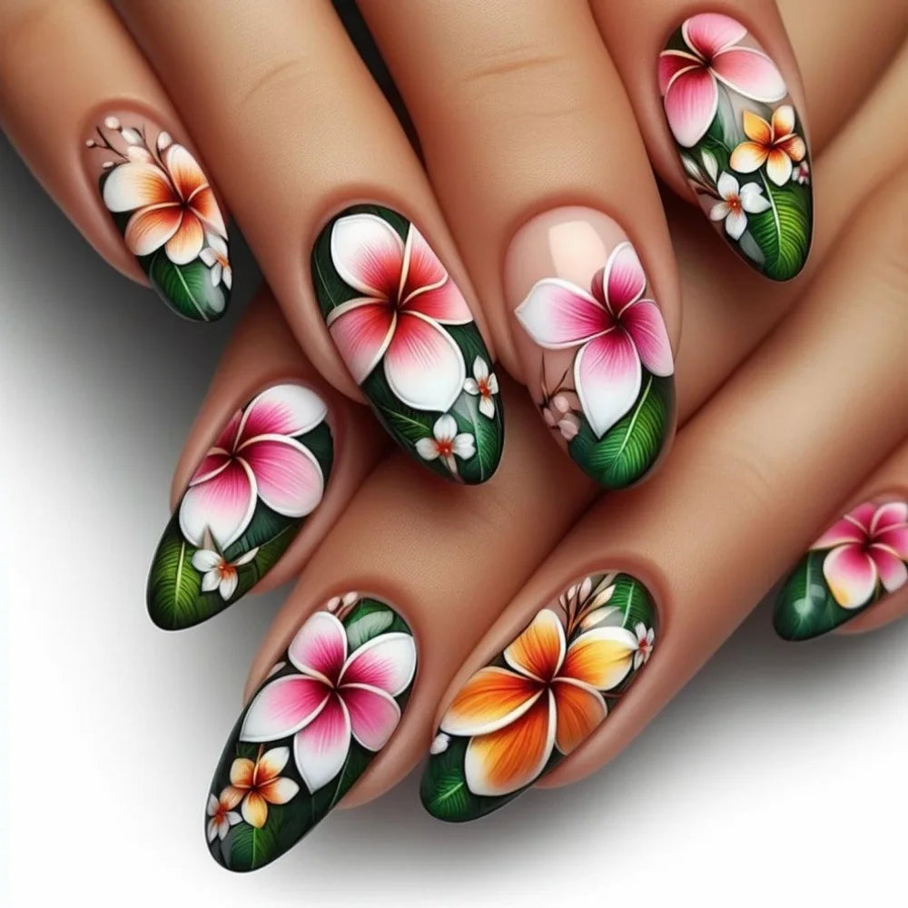 Tropical Plumeria Floral Press On Nails in Dark Green