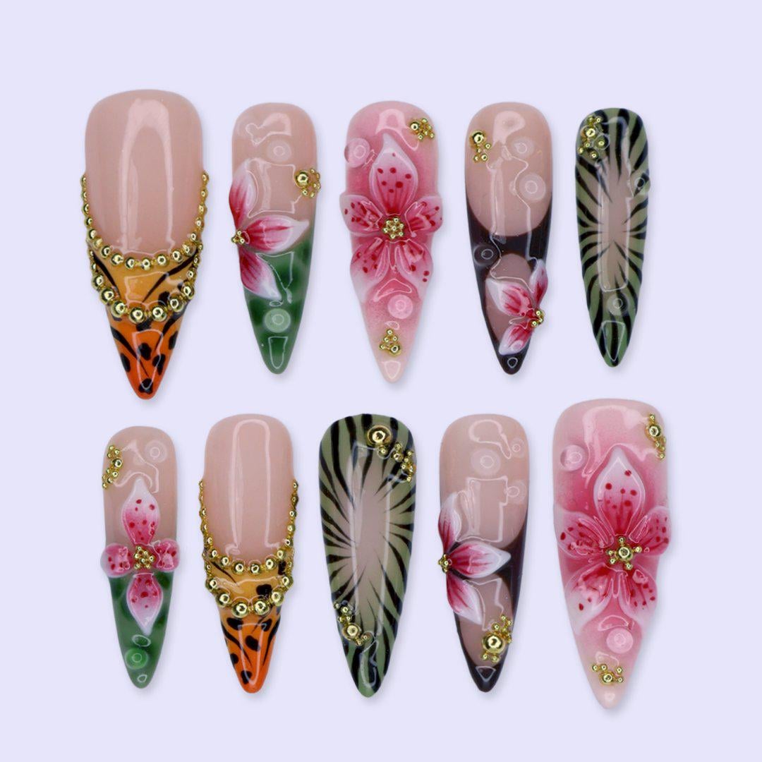 Tropical Safari Floral Press On Nails With Animal Print, Palm Leaves and Gold Details