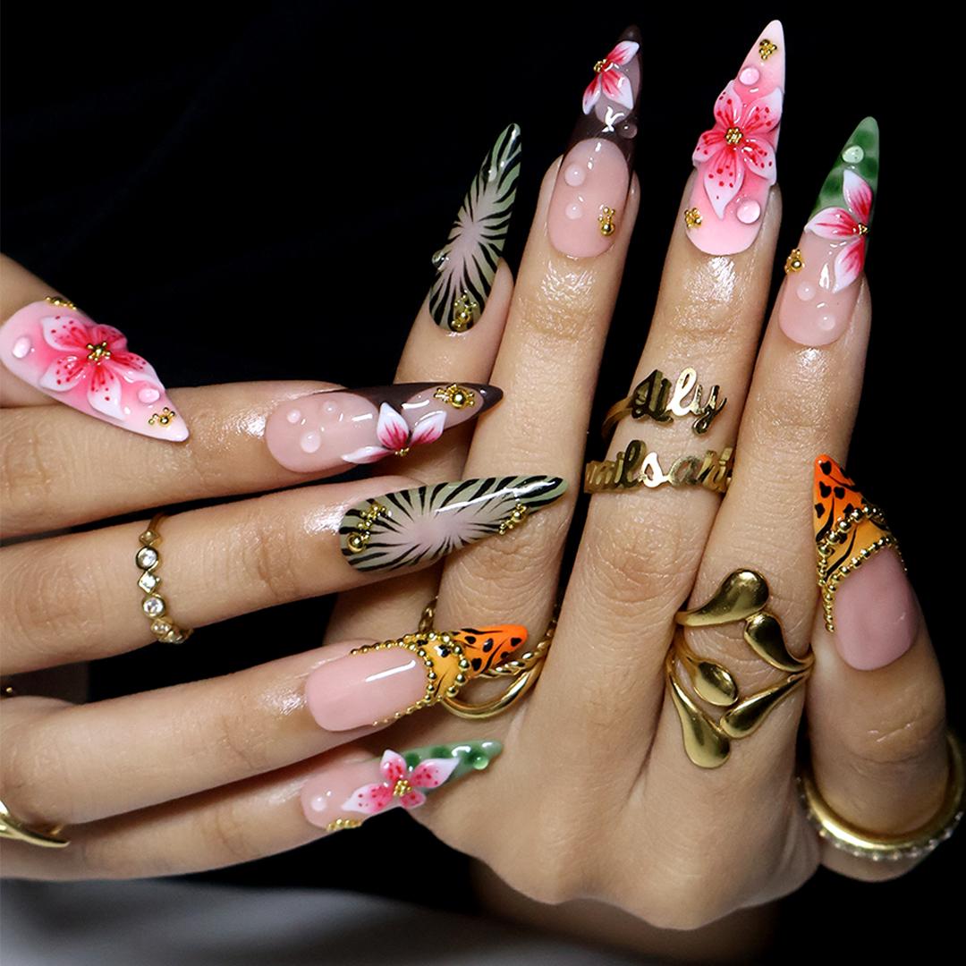 Tropical Safari Floral Press On Nails With Animal Print, Palm Leaves and Gold Details