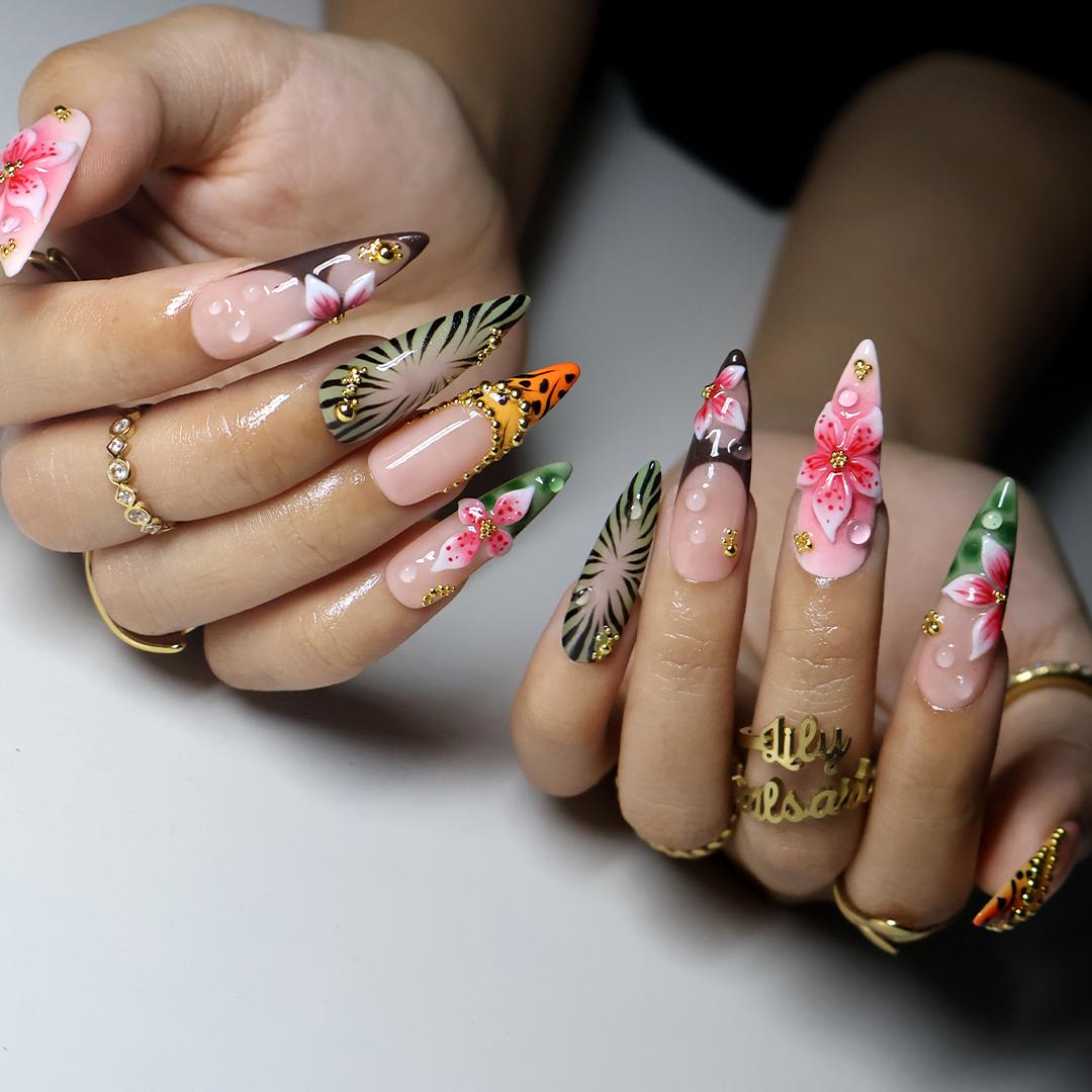 Tropical Safari Floral Press On Nails With Animal Print, Palm Leaves and Gold Details