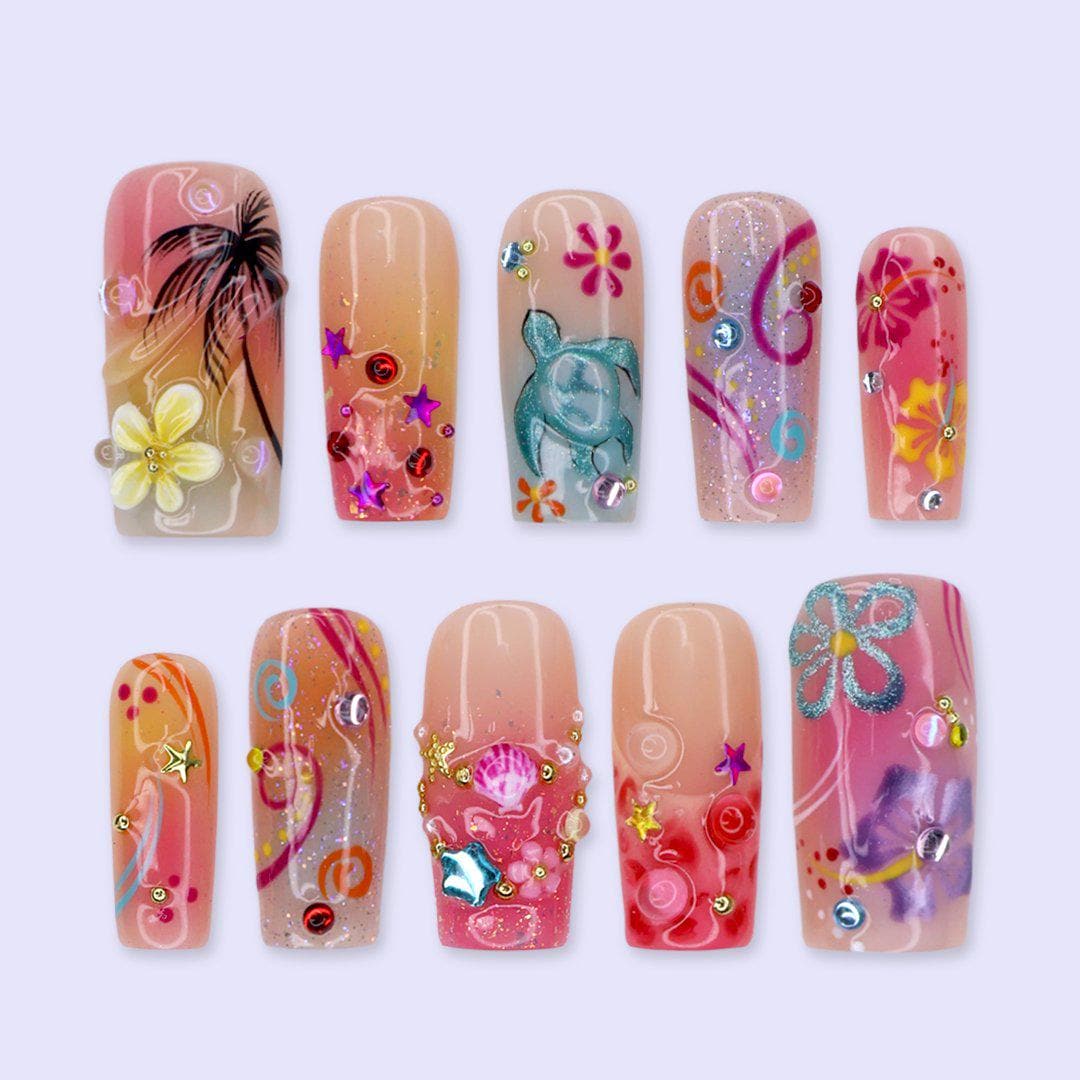 Tropical Sea Turtle Nail Set With Hibiscus, Palm Frond, Glitter and Rhinestones