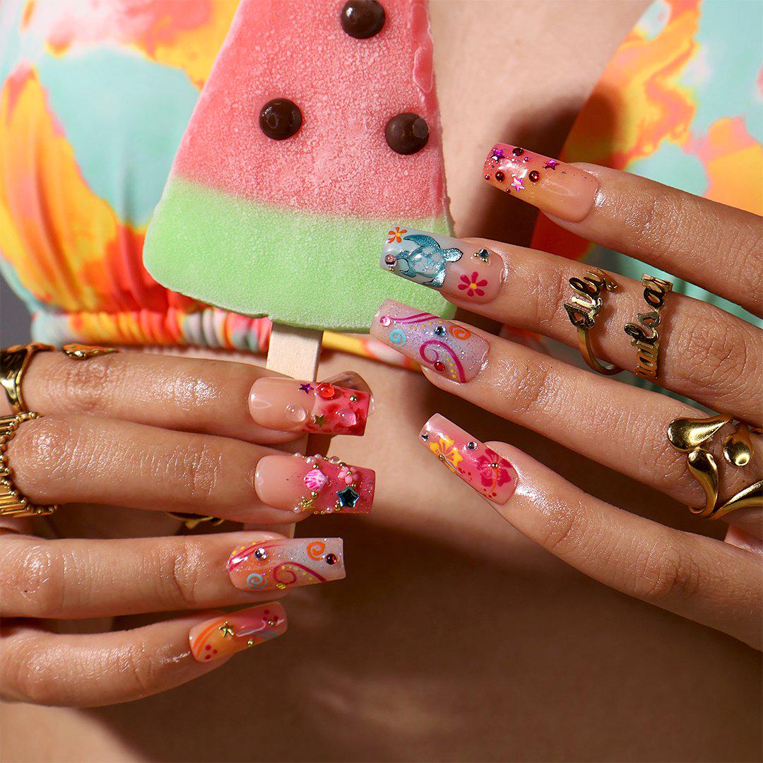 Tropical Sea Turtle Nail Set With Hibiscus, Palm Frond, Glitter and Rhinestones