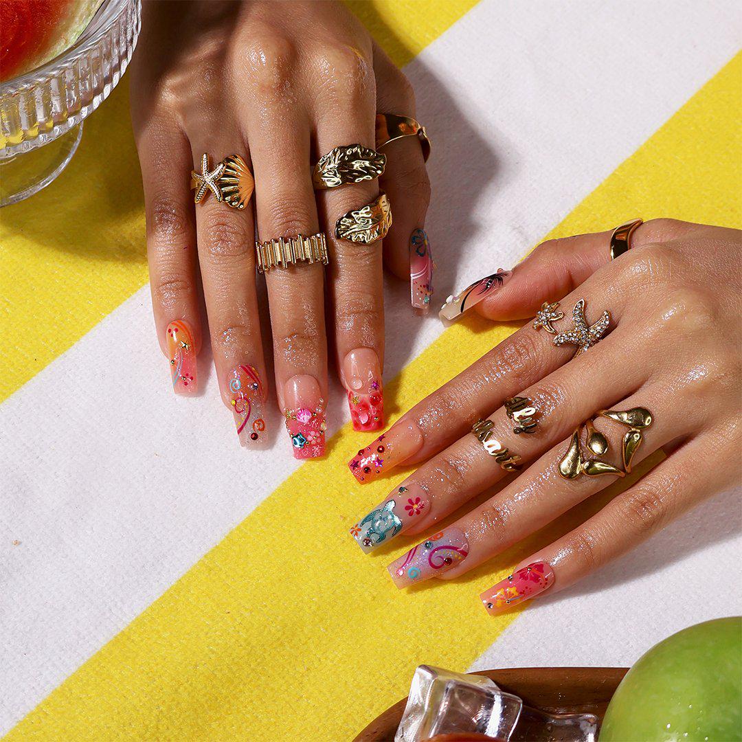 Tropical Sea Turtle Nail Set With Hibiscus, Palm Frond, Glitter and Rhinestones