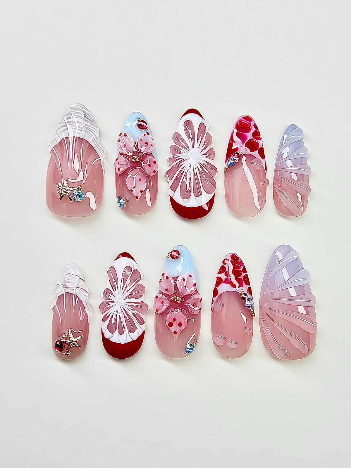 Tropical Shell and 3D Flower Press On Nails in Translucent Pink
