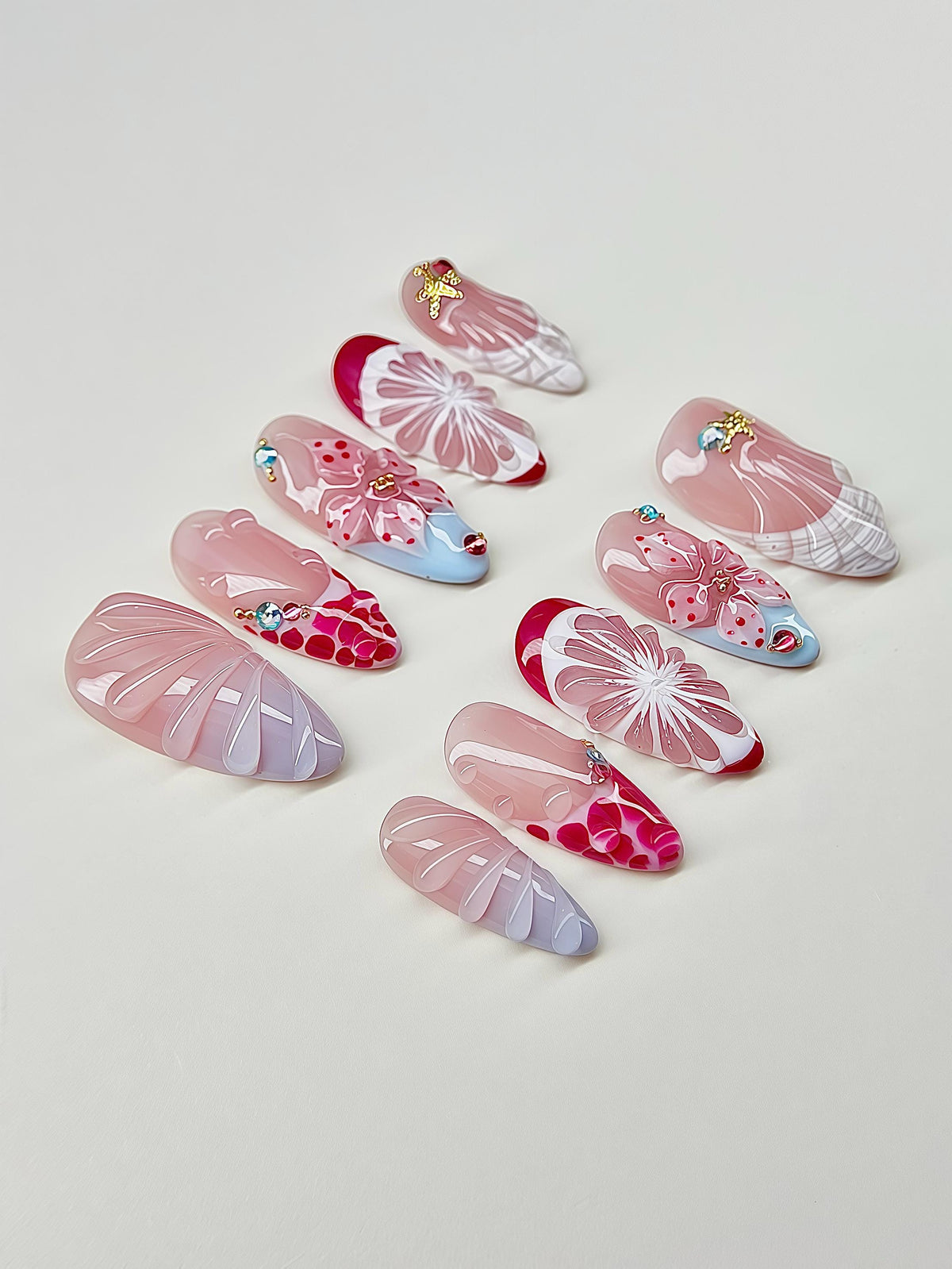 Tropical Shell and 3D Flower Press On Nails in Translucent Pink