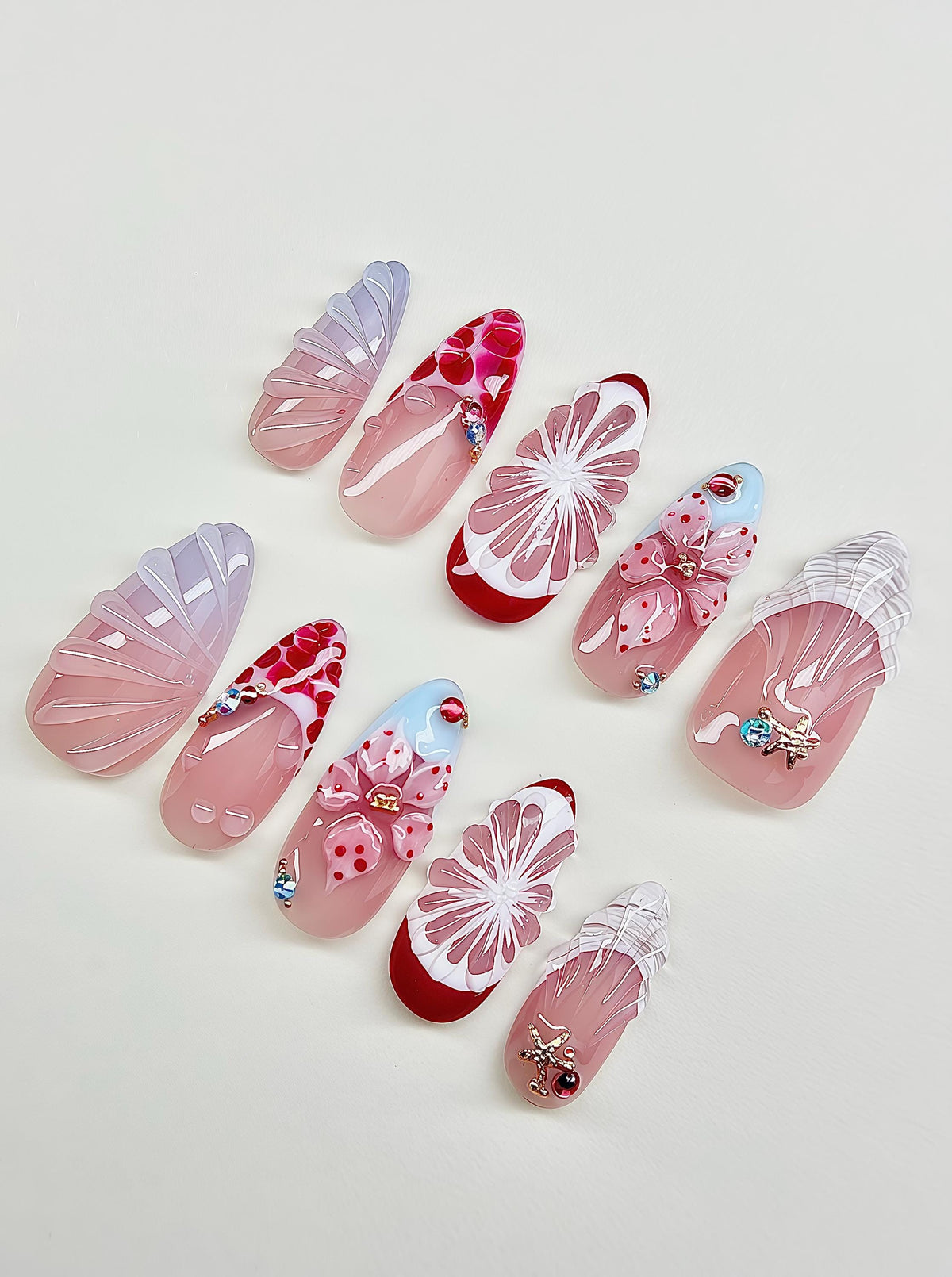 Tropical Shell and 3D Flower Press On Nails in Translucent Pink