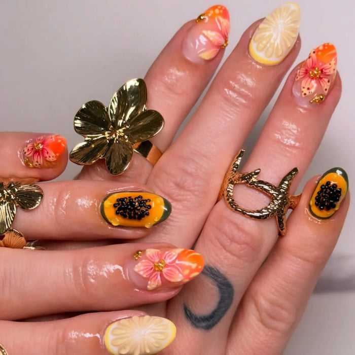 Tropical Summer Floral 3D Press-On Nails with Gold Accents