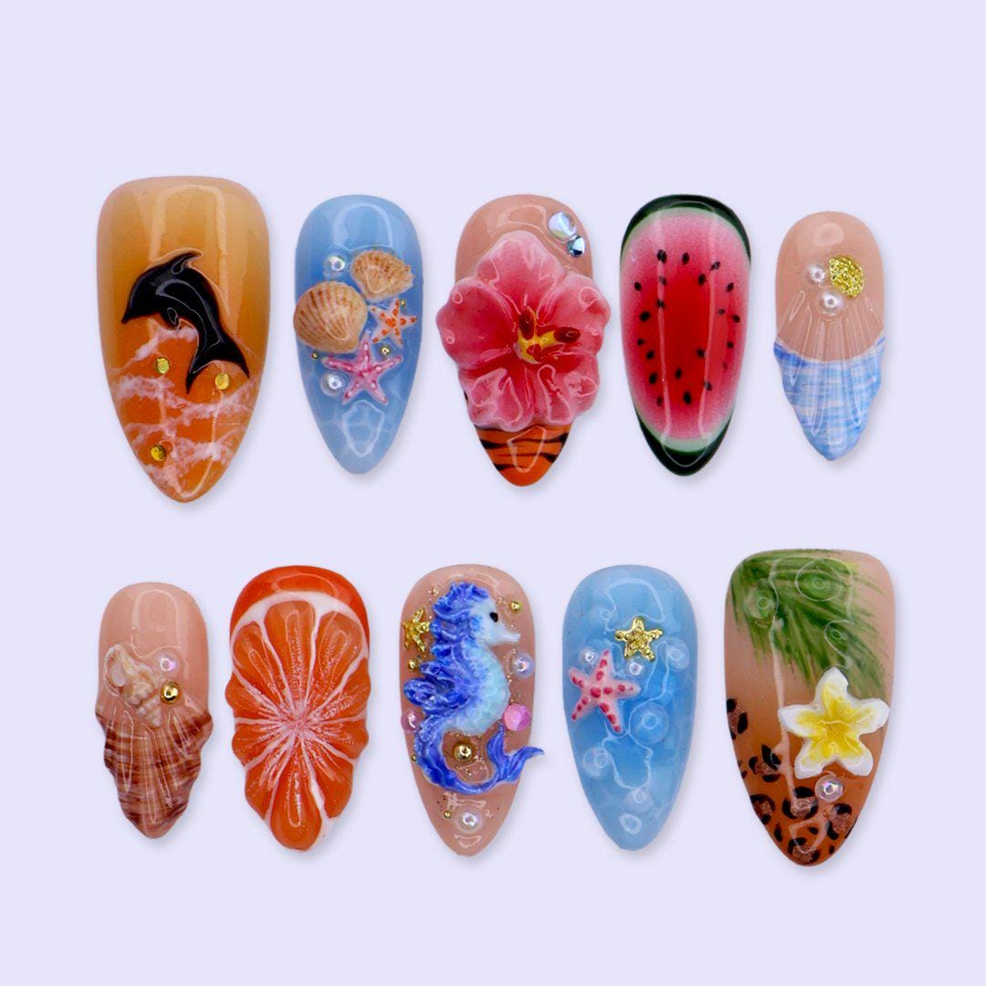 Tropical Summer Nail Set with 3D Seahorse, Hibiscus, Seashells and Fruit