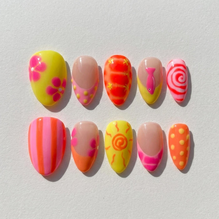 Tropical Summer Press On Nails With Bright Flowers, Sun, Fish, Stripes and Dots