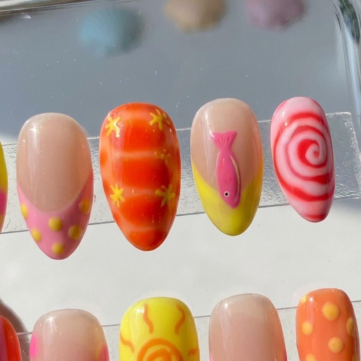 Tropical Summer Nails With Bright Flowers, Sun, Fish, Stripes and Dots