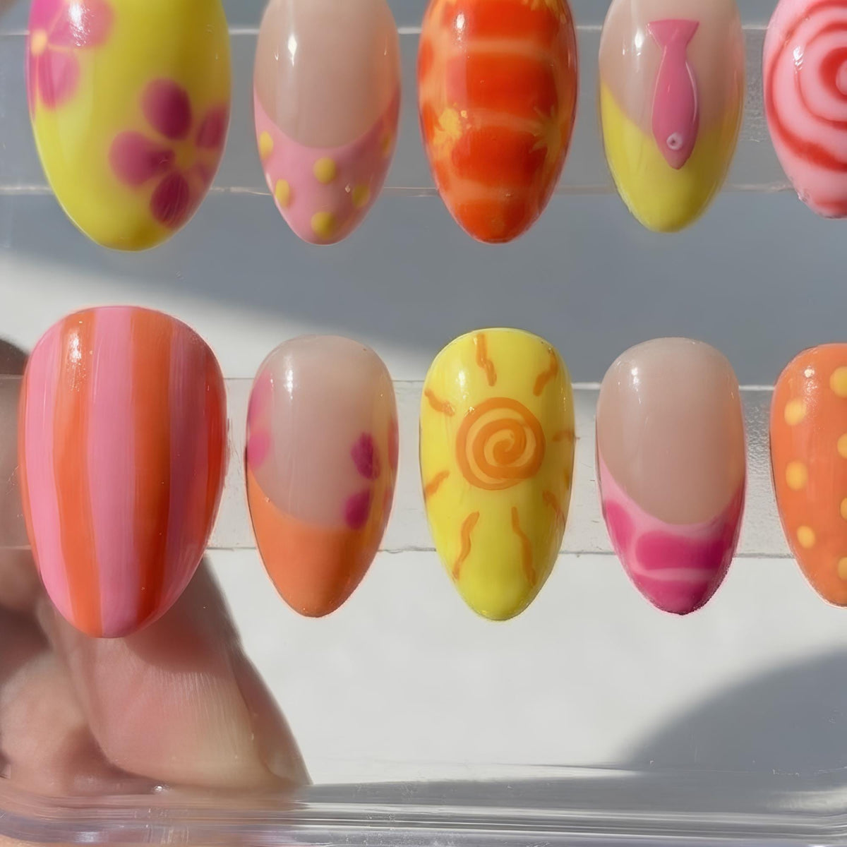 Tropical Summer Nails With Bright Flowers, Sun, Fish, Stripes and Dots
