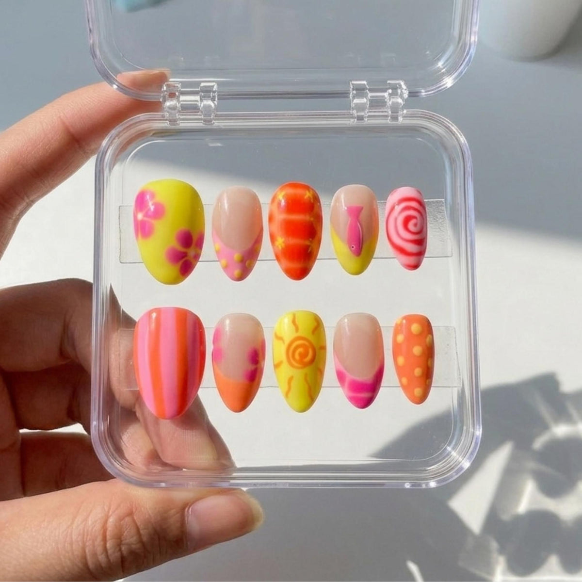 Tropical Summer Press On Nails With Bright Flowers, Sun and Pink Fish