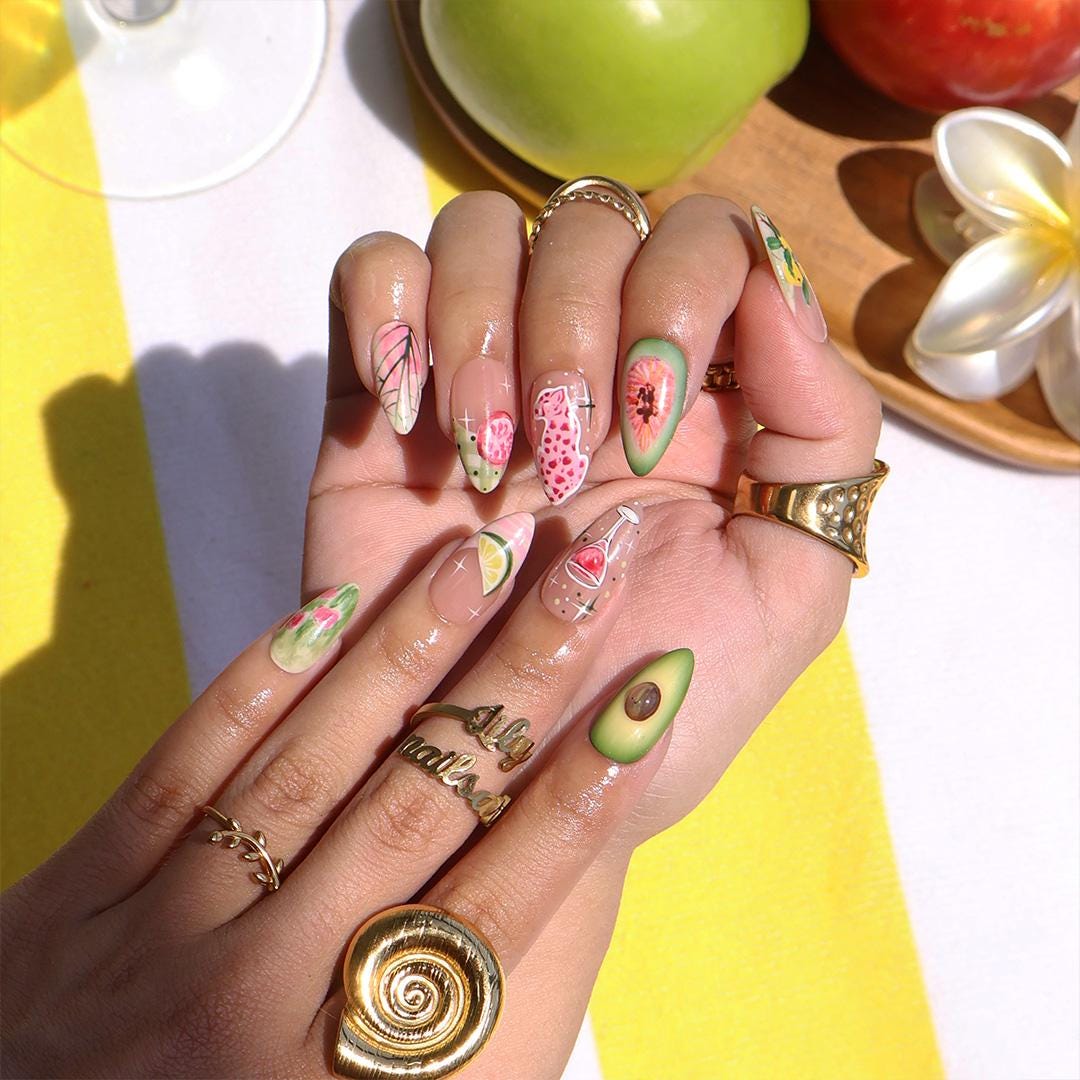 Tropical Summer Vacation Fruit and Floral Press On Nails With Avocado, Citrus and Pink Leopard Art