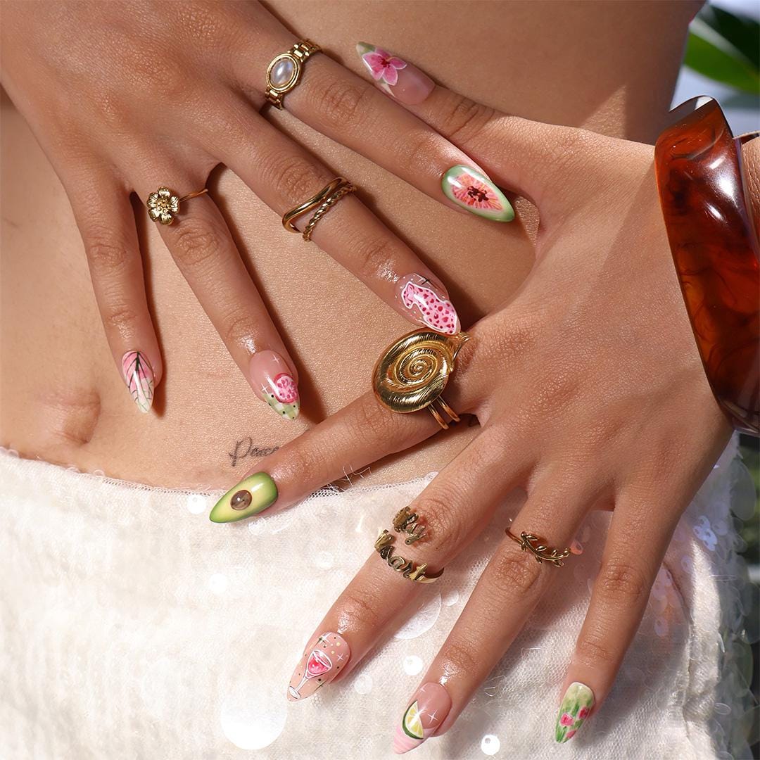 Tropical Summer Vacation Fruit and Floral Press On Nails With Avocado, Citrus and Pink Leopard Art