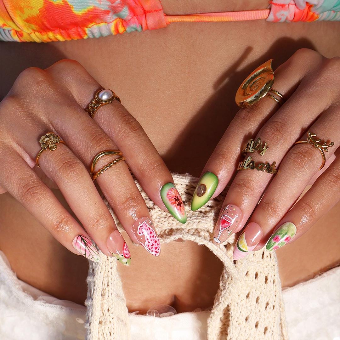 Tropical Summer Vacation Fruit and Floral Press On Nails With Avocado, Citrus and Pink Leopard Art