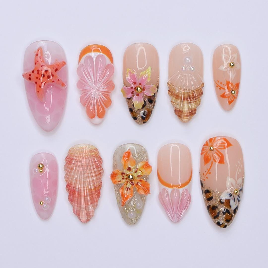 Tropical Sunset Press On Nails with Shells, Orange Flowers, Leopard Print and Starfish