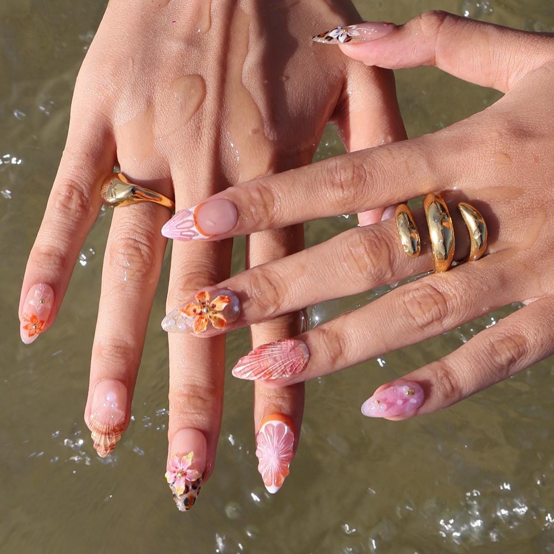 Tropical Sunset Press On Nails with Shells, Orange Flowers, Leopard Print and Starfish