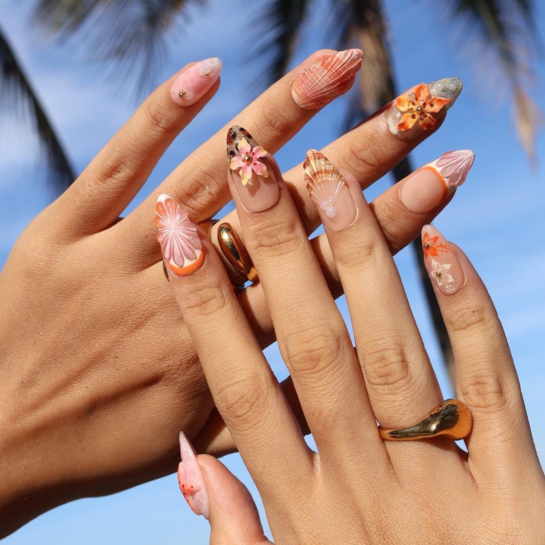 Tropical Sunset Press On Nails with Shells, Orange Flowers, Leopard Print and Starfish