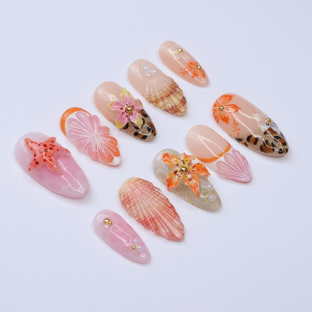Tropical Sunset Press On Nails with Shells, Orange Flowers, Leopard Print and Starfish