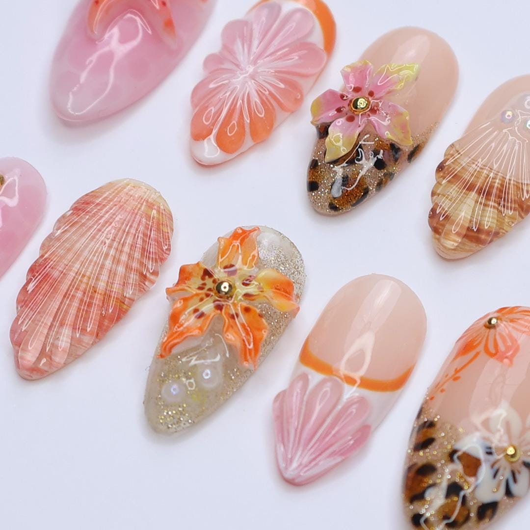 Tropical Sunset Press On Nails with Shells, Orange Flowers, Leopard Print and Starfish