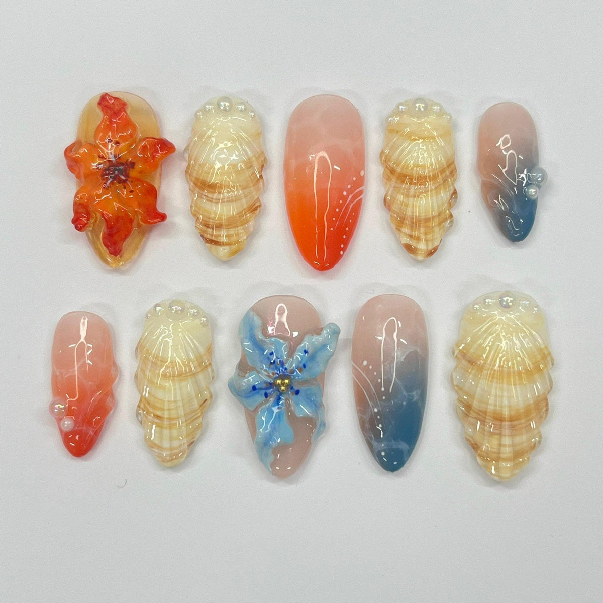 Tropical Sunset Shell and 3D Flower Press On Nails