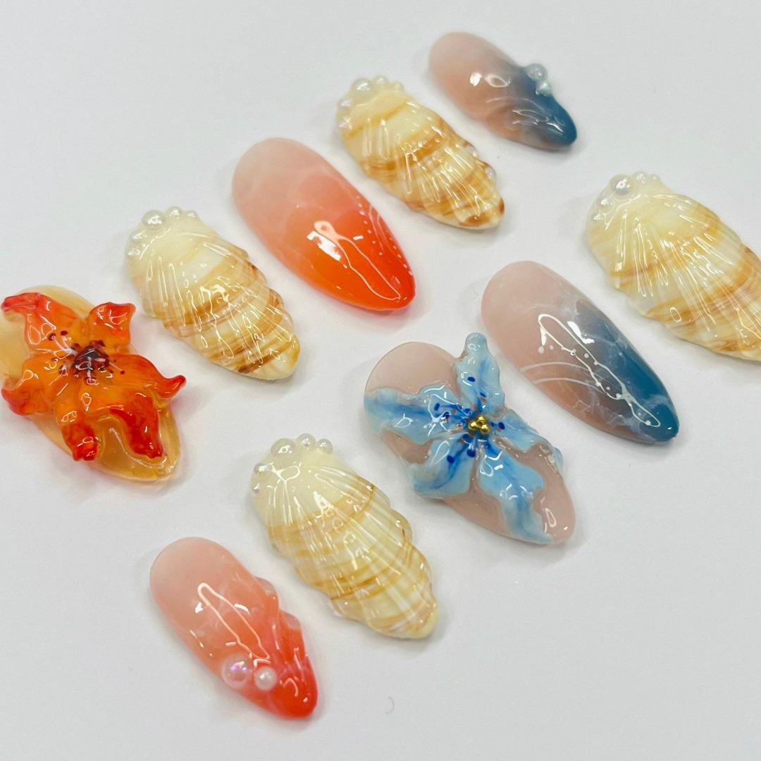 Tropical Sunset Shell and 3D Flower Press On Nails
