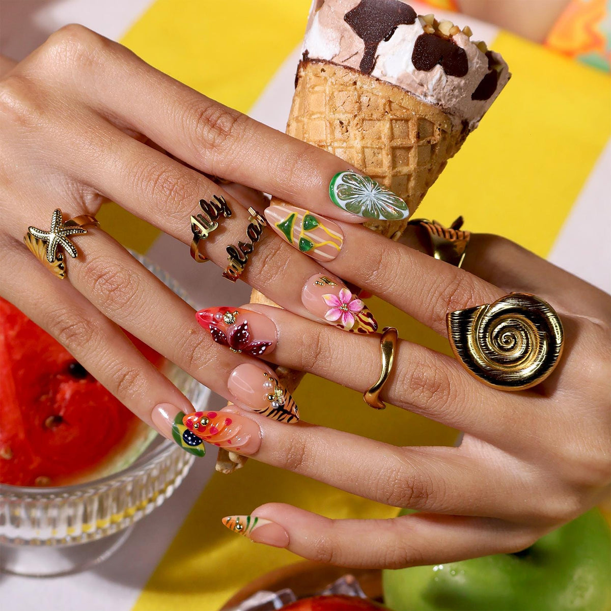 Tropical Toucan and Lime Press On Nails with Floral and Leaf Art