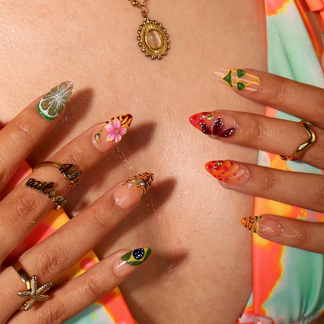 Tropical Toucan and Lime Press On Nails with Floral and Leaf Art