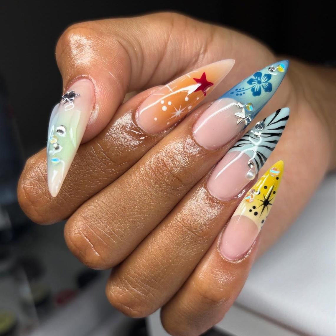 Tropical Y2K Mixed-Print Star, Floral & Zebra Press On Nails