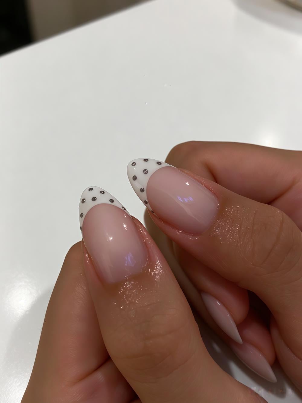 Turquoise and Gray Swirl French Tip Nails with Polka Dots