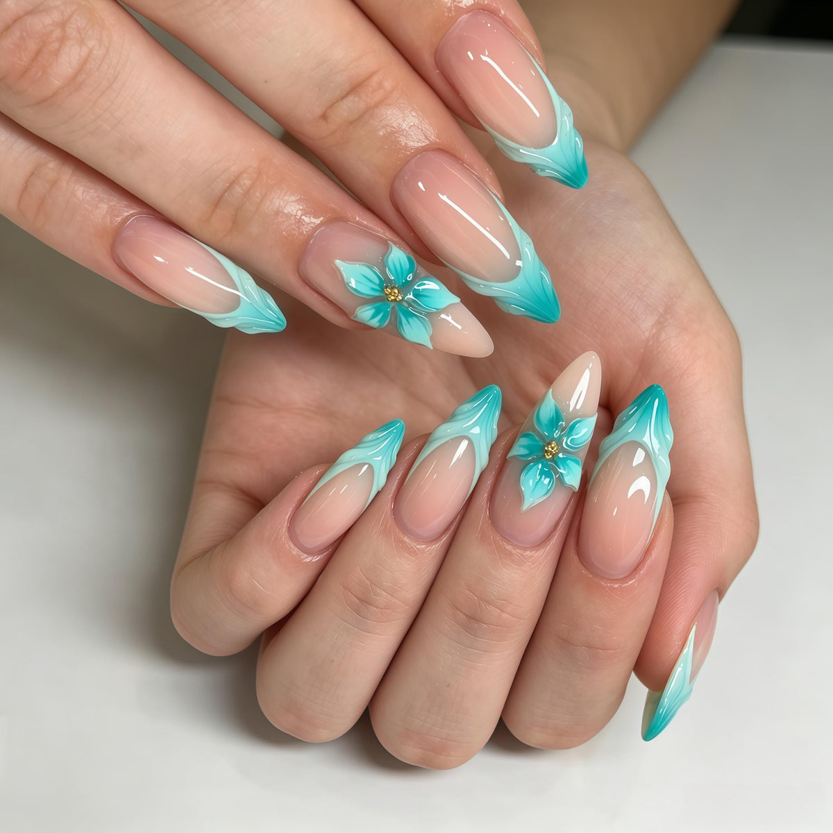 Turquoise and White Floral French Tip Press On Nails