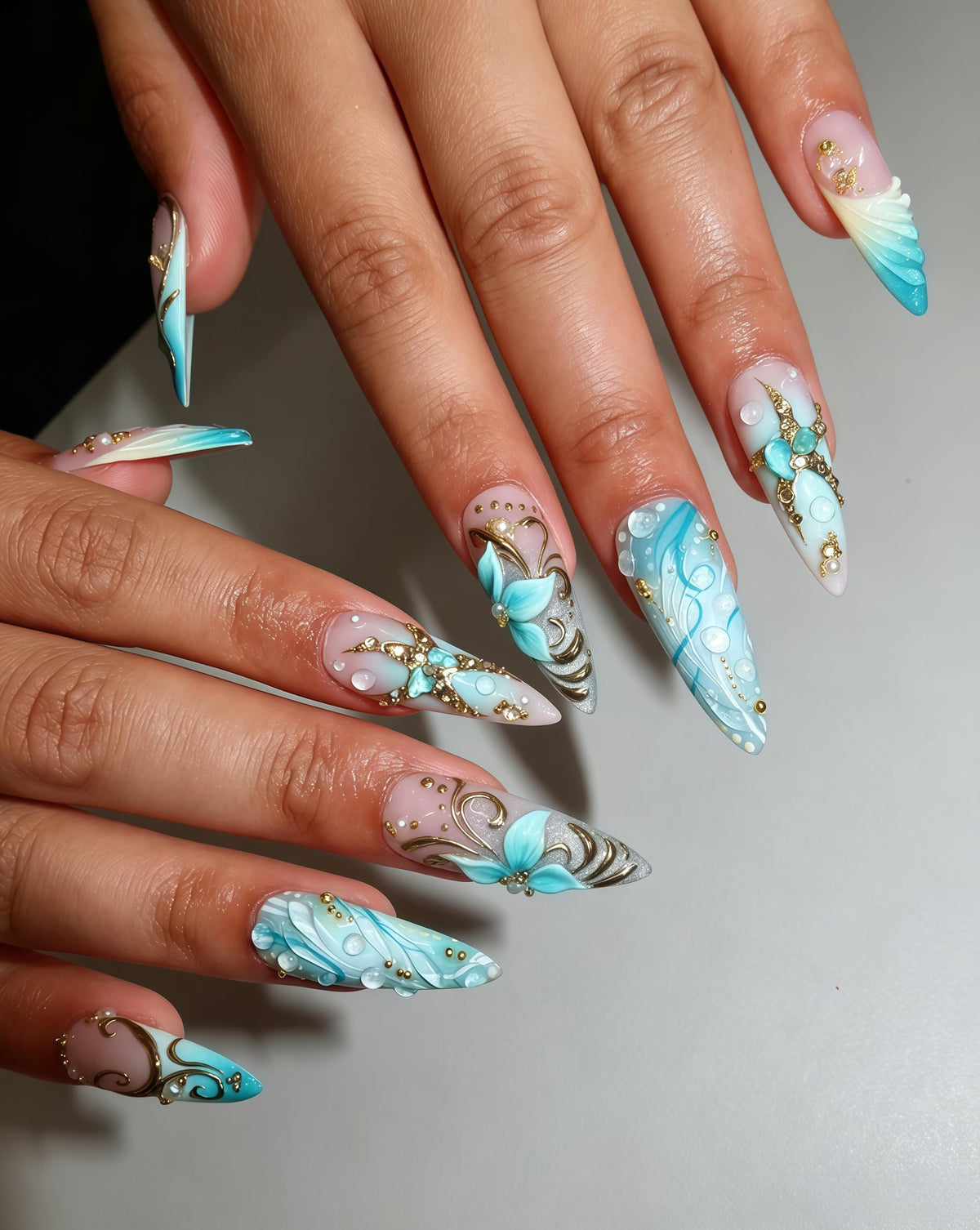 Turquoise Blue 3D Floral Nails with Gold Scrollwork and Rhinestones