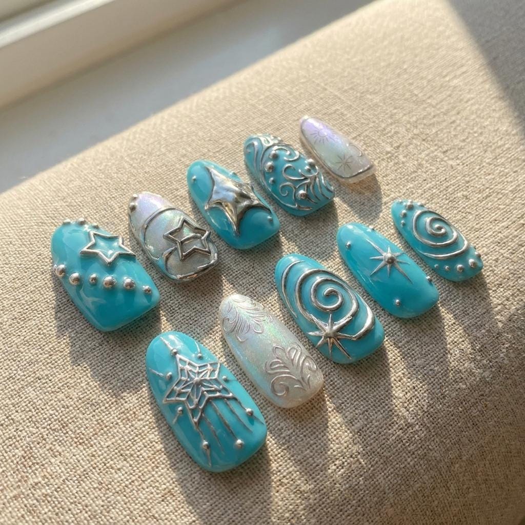 Turquoise Blue and Pearlescent Silver Celestial Chrome Nail Set