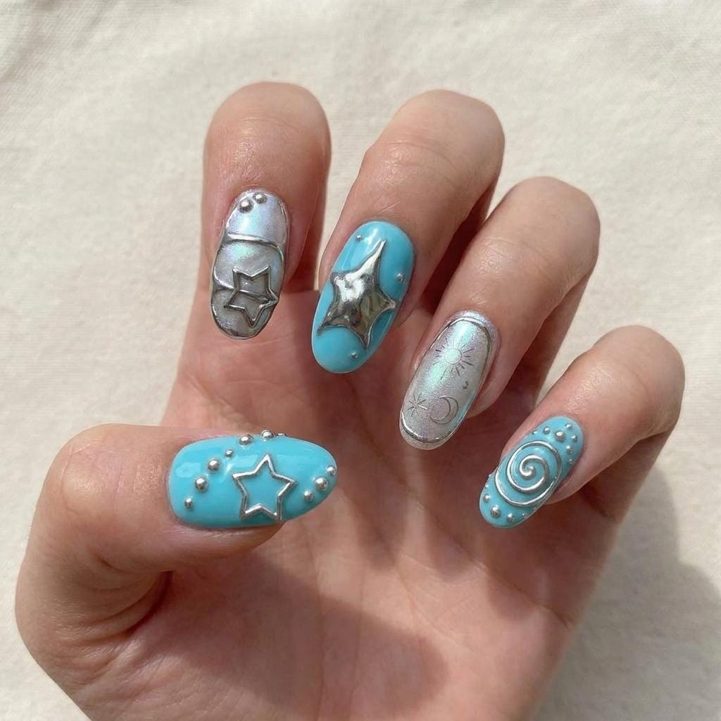 Turquoise Blue and Pearlescent Silver Celestial Chrome Nail Set