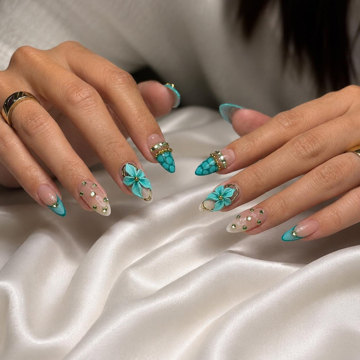 Turquoise Floral Press On Nails With 3D Flowers and Gold Details