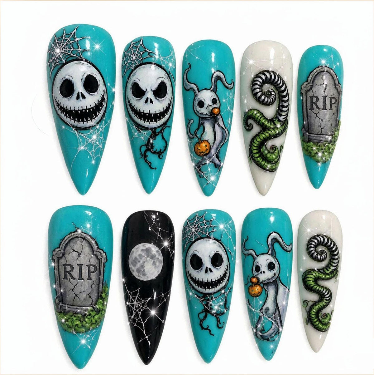 Turquoise Halloween Skeleton, Ghost, and Cobweb Nail Set
