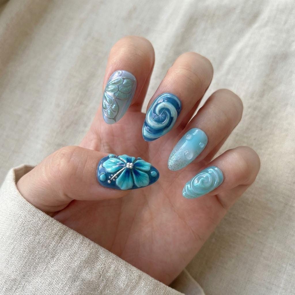 Turquoise Ocean Wave Press-On Nails With Sculpted Shell Details and Blue Flower